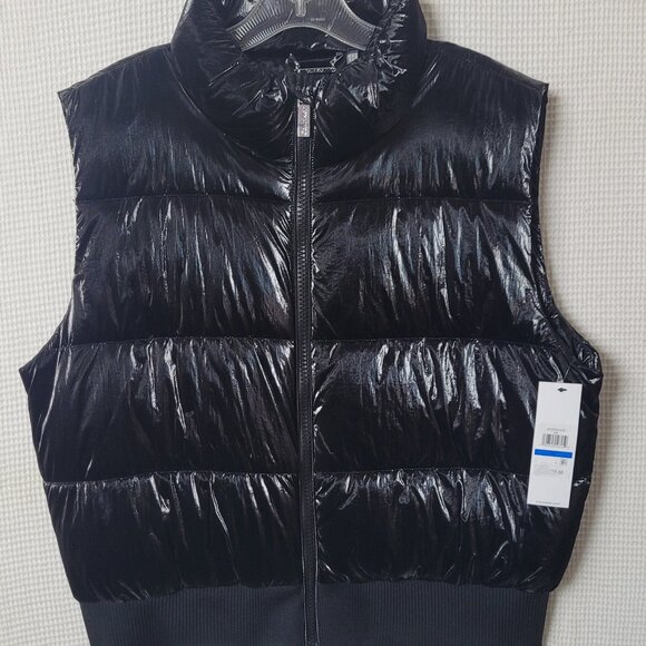 NWT Puffy Vest Womens CALVIN KLEIN Shiny Black Nylon Poly Size XL - Picture 1 of 16